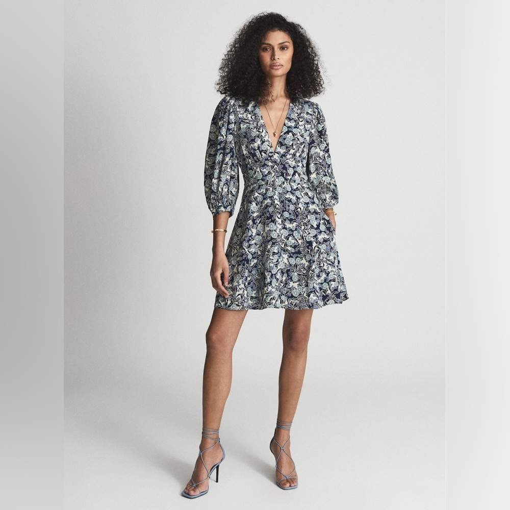 REISS Daisy Puff Sleeve Print Mini Dress in Blue Print Size 6